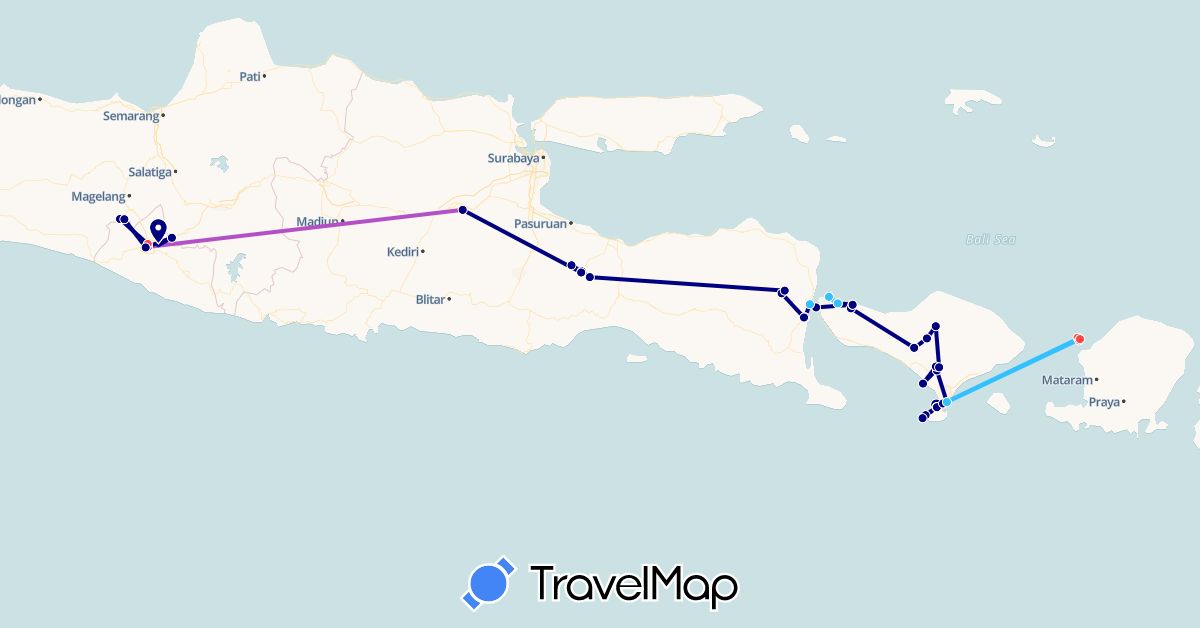 TravelMap itinerary: driving, train, hiking, boat in Indonesia (Asia)